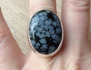Zilveren edelsteen ring sneeuwvlok Obsidiaan maat 17.3 mm